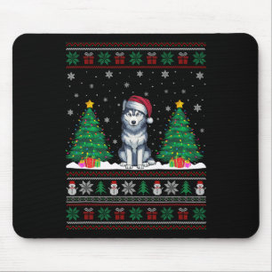 Santa Hat Siberian Husky Dog Xmas Tree Lights Ugly Mouse Pad