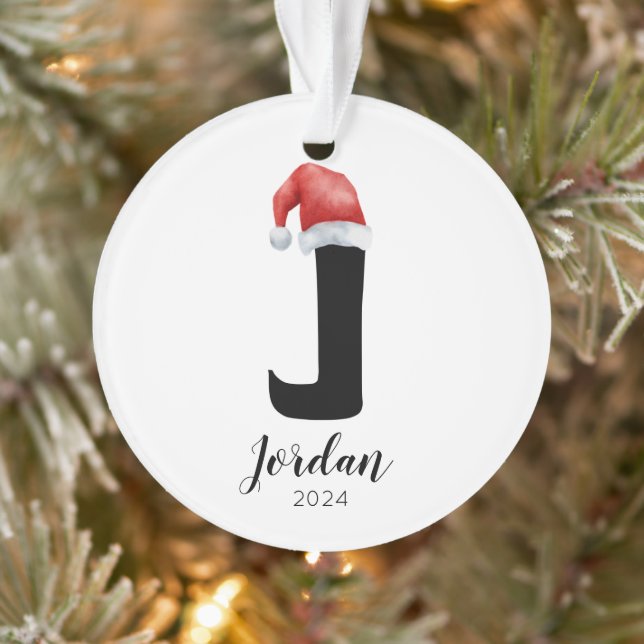 Santa Hat Simple Customizable Letter J Christmas Ornament (Tree)