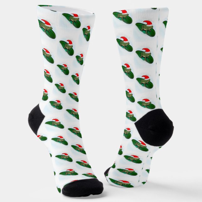 Santa Hat Sledding Frog Christmas Socks (Angled)