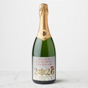 Santa Hat & Snowflake   Happy New Year Golden 2026 Sparkling Wine Label