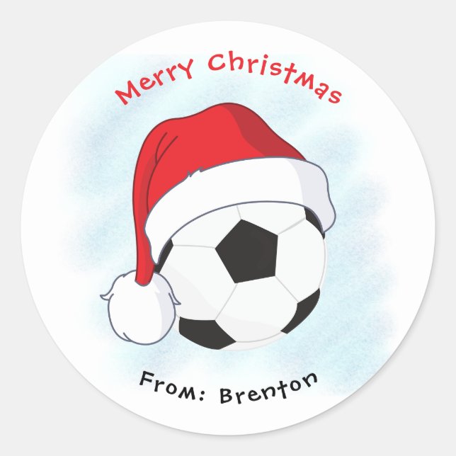 Santa Hat Soccer Ball Merry Christmas Classic Round Sticker (Front)