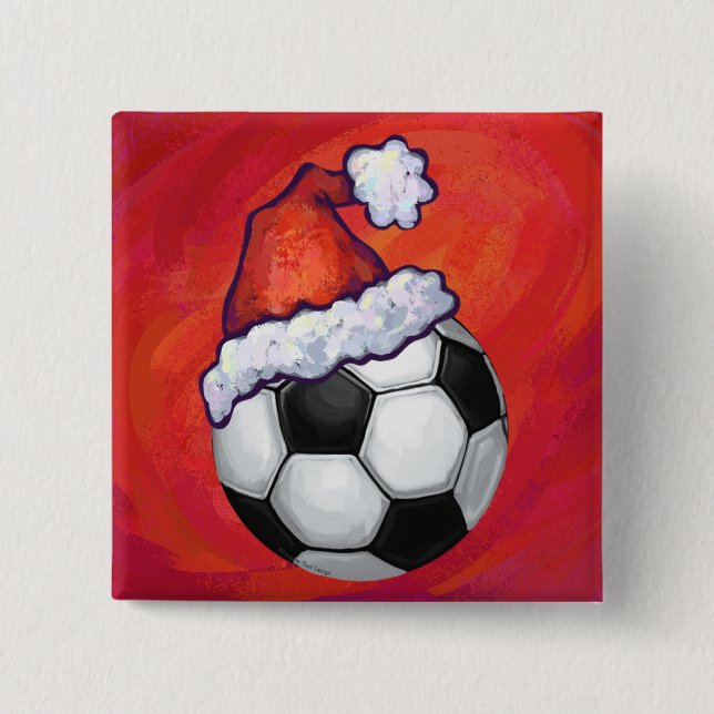 Santa Hat Soccer Ball on Red 2 Inch Square Button (Front)