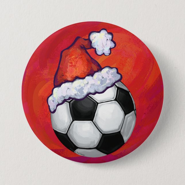 Santa Hat Soccer Ball on Red 3 Inch Round Button (Front)