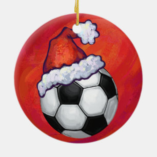 Santa Hat Soccer Ball on Red Ceramic Ornament