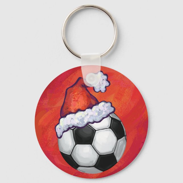 Santa Hat Soccer Ball on Red Keychain (Front)