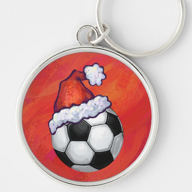 Santa Hat Soccer Ball on Red Keychain (Front)