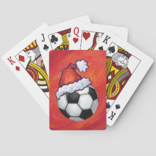 Santa Hat Soccer Ball on Red Playing Cards