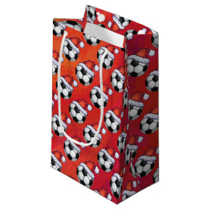 Santa Hat Soccer Ball on Red Small Gift Bag