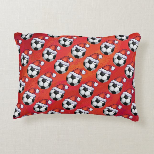 Santa Hat Soccer Ball Pattern on Red Decorative Pillow (Back)