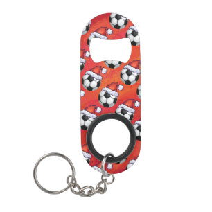Santa Hat Soccer Ball Pattern on Red Keychain Bottle Opener