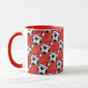 Santa Hat Soccer Ball Pattern on Red Mug