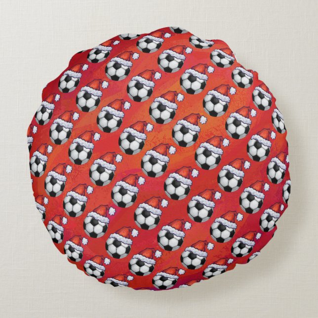 Santa Hat Soccer Ball Pattern on Red Round Pillow (Back)