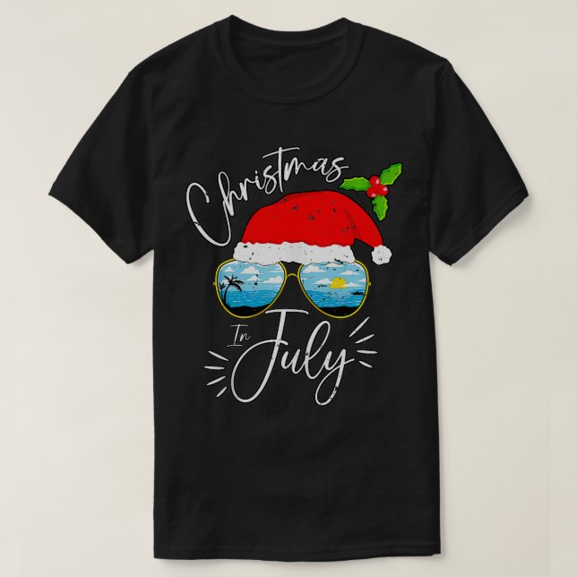 Santa Hat Sunglasses Summer Vacation Christmas In  T-Shirt (Design Front)