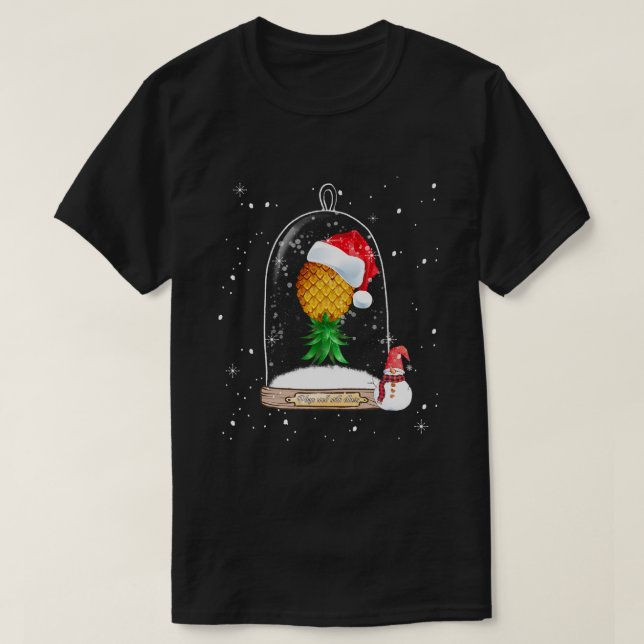 Santa Hat Swinger Upside Down Pineapple Snow Globe T-Shirt (Design Front)
