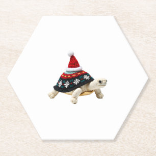 Santa Hat Tortoise - Vintage Sea Turtle Xmas Ugly  Paper Coaster