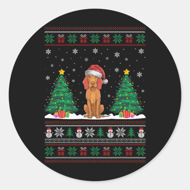 Santa Hat Vizsla Dog Christmas Tree Lights Ugly Sw Classic Round Sticker (Front)