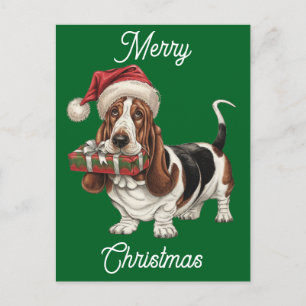santa hat wearing basset hound personalized holiday postcard