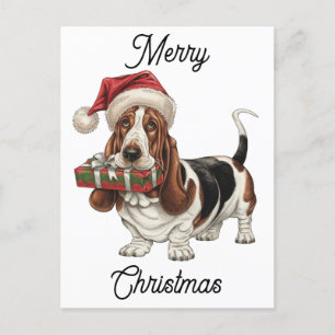 santa hat wearing basset hound personalized holiday postcard