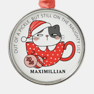 Santa Hat-Wearing Cat Inside a Mug Metal Ornament