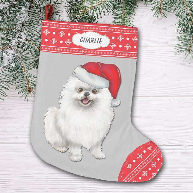 Santa Hat White Pomeranian Snowflake Border Large Christmas Stocking (Creator Uploaded)