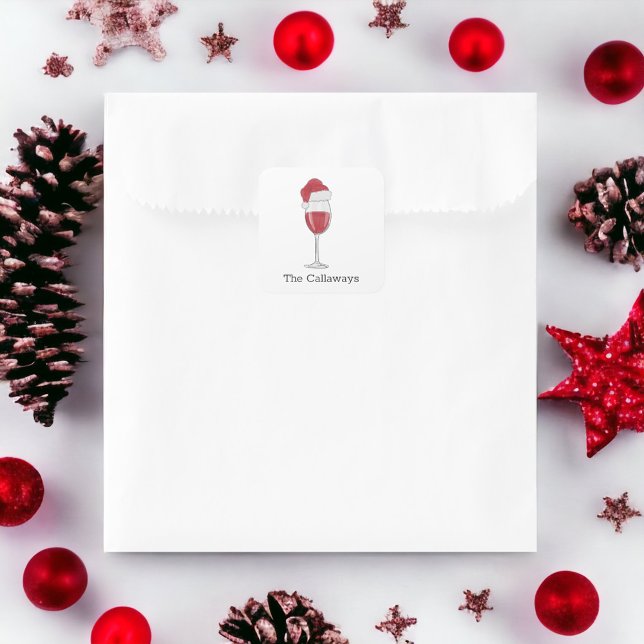 Santa Hat Wine Glass Personalized Holiday Party Square Sticker (Creator Uploaded)