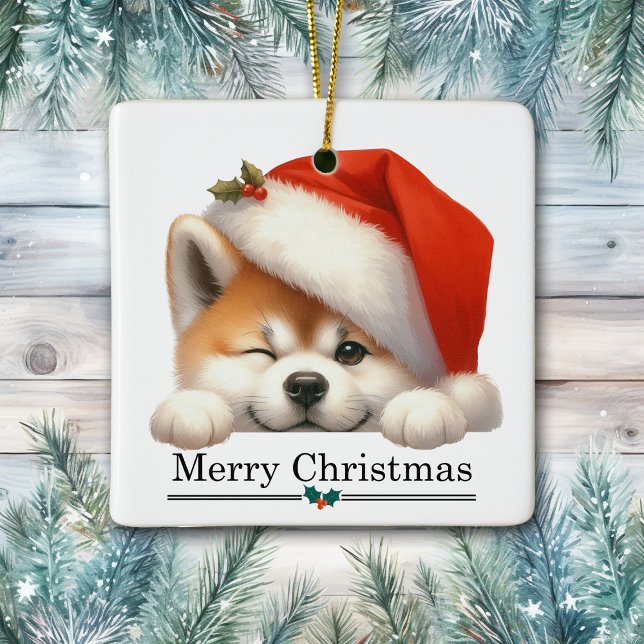 Santa Hat Winking Akita Puppy Merry Christmas Ceramic Ornament (Creator Uploaded)