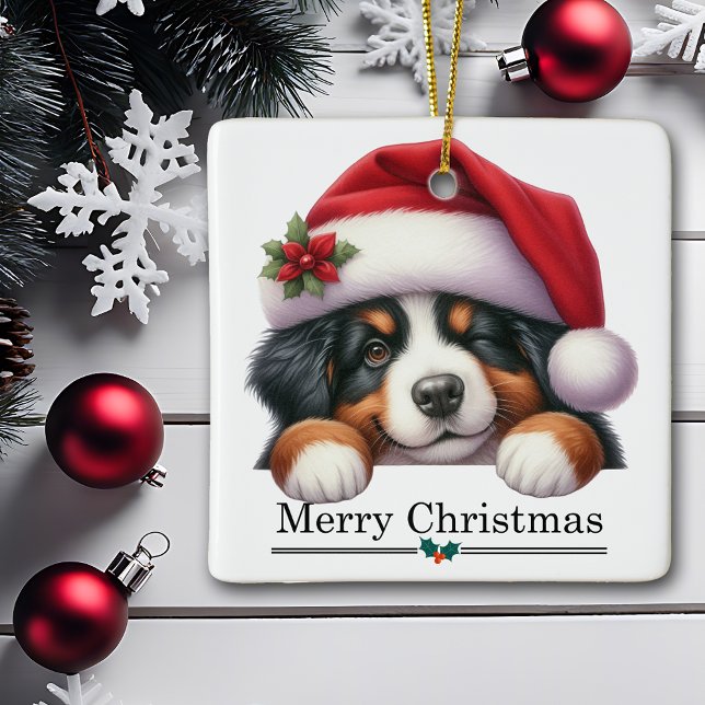 Santa Hat Winking Bernese Mountain Puppy Christmas Ceramic Ornament (Creator Uploaded)
