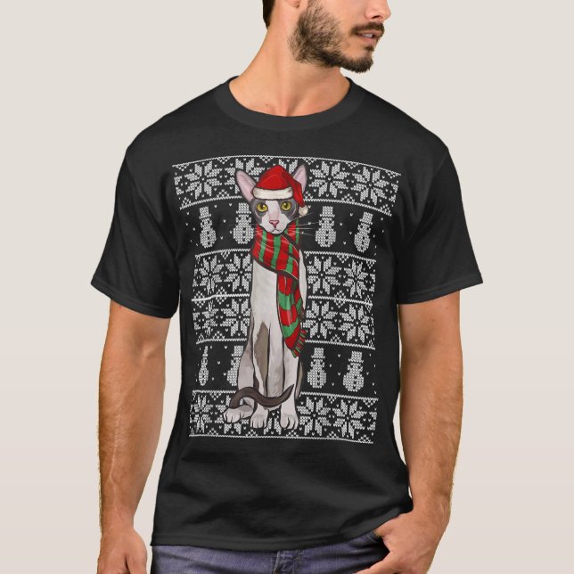 Santa Hat Xmas Cornish Rex Cat Ugly Chr T-Shirt (Front)