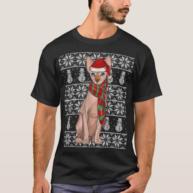 Santa Hat Xmas Sphynx Cat Ugly Christmas T-Shirt (Front)