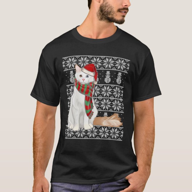Santa Hat Xmas Turkish Van Cat Ugly Christmas T-Shirt (Front)