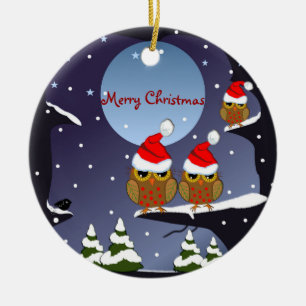 Santa Hats Owls in a snowy world & custom text Ceramic Ornament
