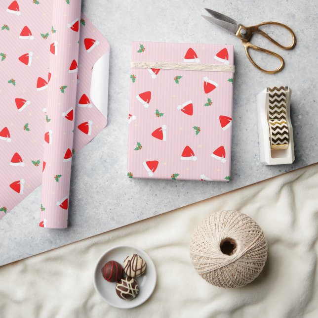 Santa Hats - Pink Christmas Cute Pattern Wrapping Paper (Crafts)