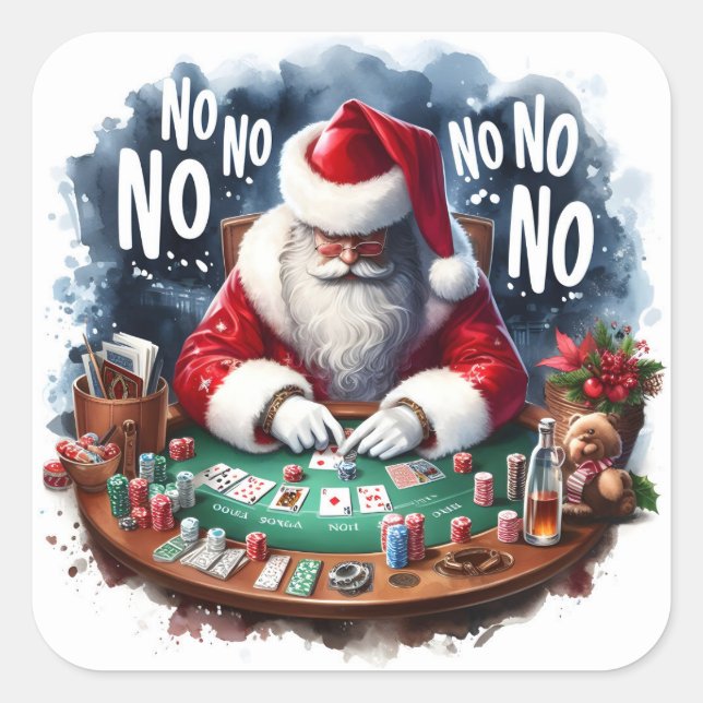 Santa Having Fun at a Festive Poker Table at Night Square Sticker (Front)