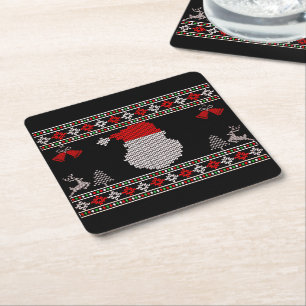 Santa Head Holiday Knit Christmas Ugly Sweater Square Paper Coaster