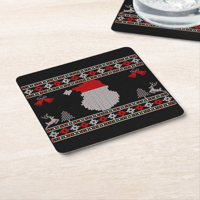 Santa Head Holiday Knit Christmas Ugly Sweater Square Paper Coaster (Angled)