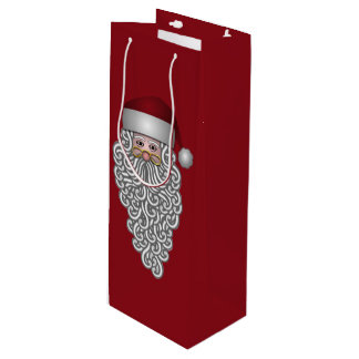 Santa Head with Curly Beard Red Wine Gift Bag
