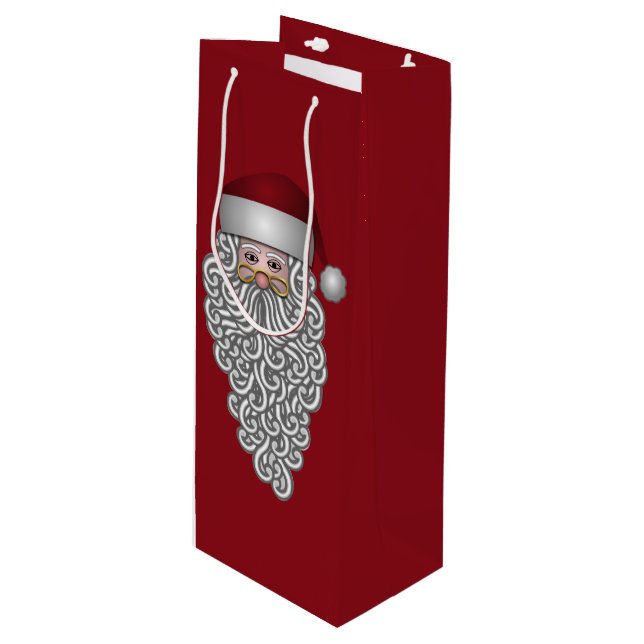 Santa Head with Curly Beard Red Wine Gift Bag (Front Angled)