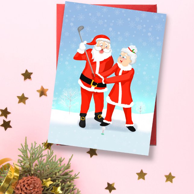 Santa Helping Mrs. Claus With Her Golf Swing Card (A sweet Christmas card for a married golfing couple. )