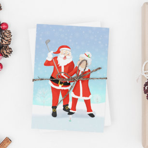 Santa Helping Mrs. Claus With Her Golf Swing Holiday Postcard