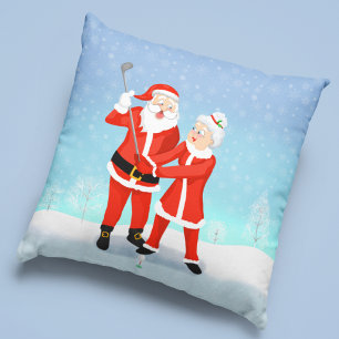 Santa Helping Mrs. Claus With Her Golf Swing Throw Pillow