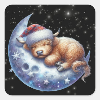  Santa Highland Cow Sleeping on the Moon Square Sticker