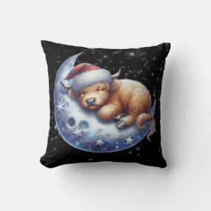 Santa Highland Cow Sleeping on the Moon Throw Pillow
