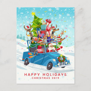 Santa & His Reindeer Delivering Toys in a Car Postcard