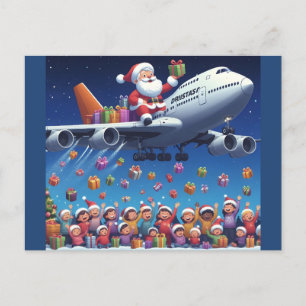 Santa hitching a ride on jumbo jet postcard