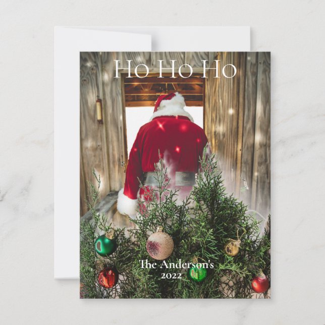 Santa Ho Ho Ho Ornaments Personalized Red Green Holiday Card (Front)