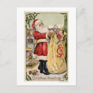 Santa Holding an Overflowing Bag of Toys Holiday Postcard