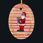 Santa Holding Menorah Chrismukkah Ornament<br><div class="desc">This is a traditional Christmas festive look with candy cane stripes and red.  The front features Santa holding a Menorah.  The back can be personalized as you wish.  Designed by Sheila Cicchi,  Brownielocks.com. All Rights Reserved.</div>