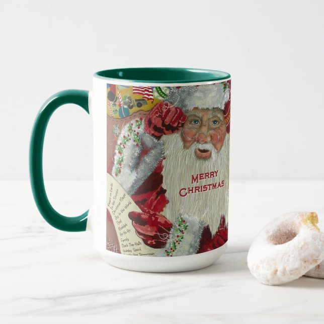 Santa Holiday 15 oz Mug Checking It Twice Green (With Donut)
