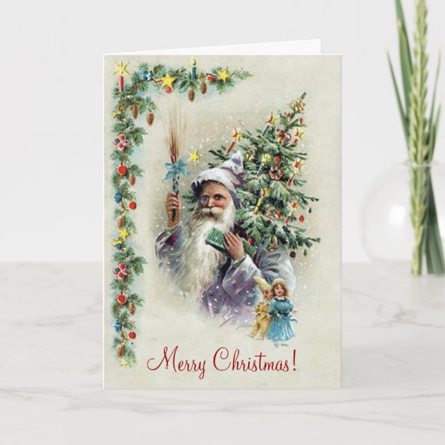 Santa Holiday Tree Vintage Christmas Card (Front)
