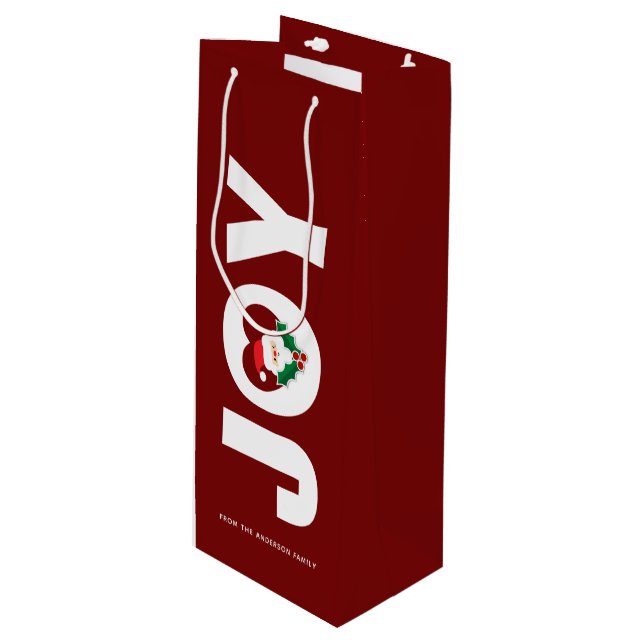 Santa & Holly Berries Christmas Joy Typography Wine Gift Bag (Front Angled)